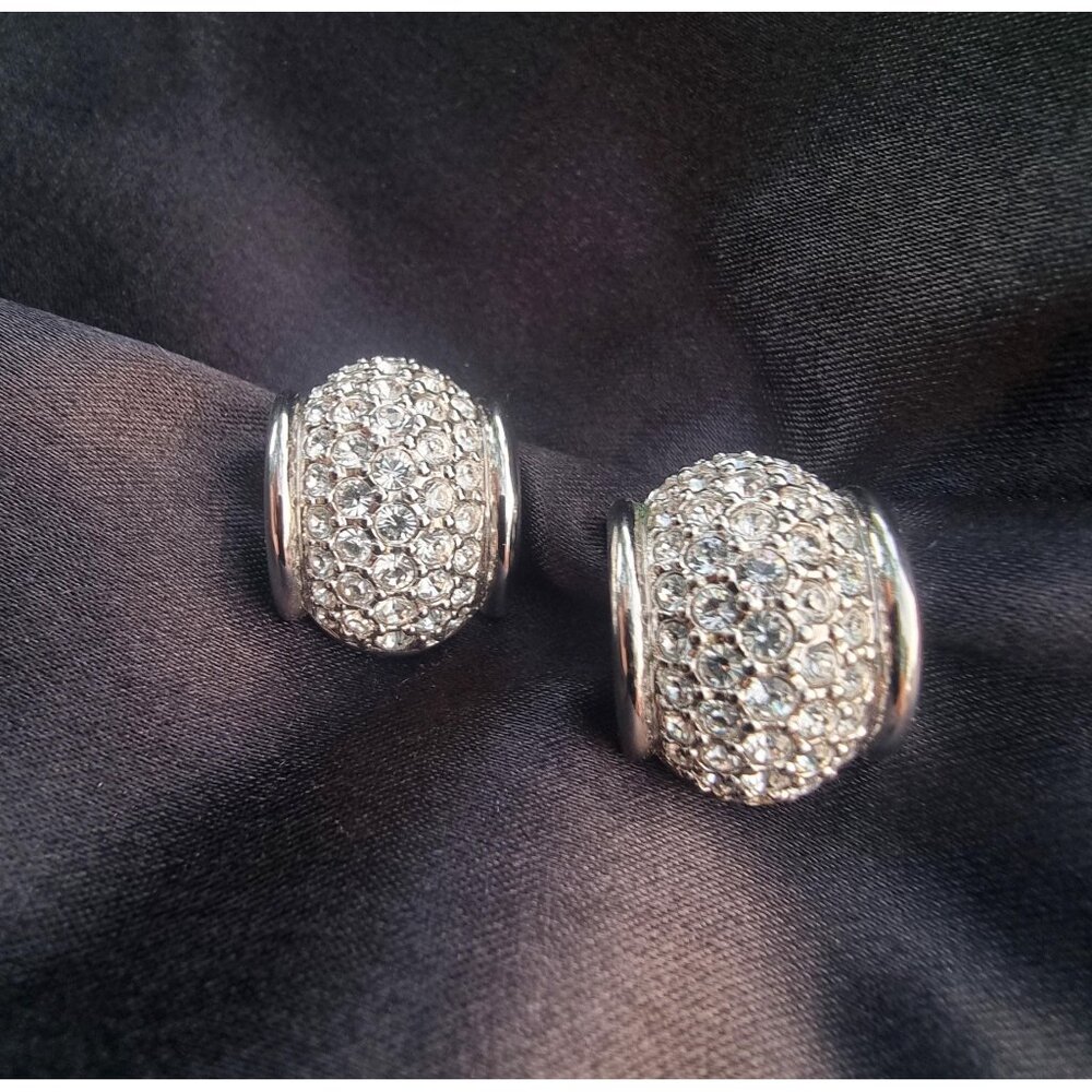 Vintage SWAROVSKI Signed 1990s Silver Toned Clear Crystals Huggie Hoop Clip On E